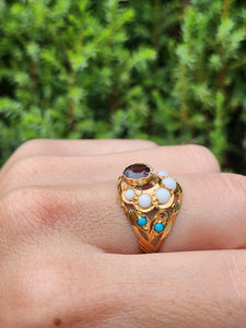 1472: Antique: 22ct Gold Mult-Gem "Bombe" Ring- Moonstones, Turquoise, Ruby- Wonderful