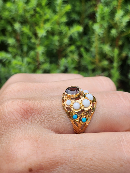1472: Antique: 22ct Gold Mult-Gem "Bombe" Ring- Moonstones, Turquoise, Ruby- Wonderful
