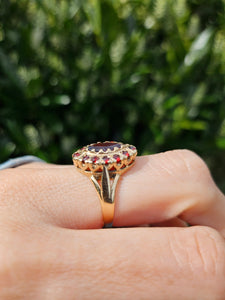 1476: Vintage: 9ct Gold 13 Navette Set Garnets Cluster Ring- From 1977