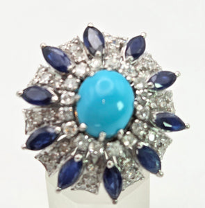 2269: Vintage: 14ct White Gold Turquoise, Blue Sapphires, 56 Diamonds Statement Cluster Ring