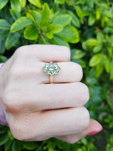 0587: Vintage: Rare 9ct Gold 9 Green Sapphires Geometric Set Cocktail Ring