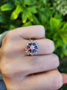 0072: Vintage: 9ct Gold Rubies Diamonds Cluster Ring- Date Mark 1977- sparkling Seventies statement