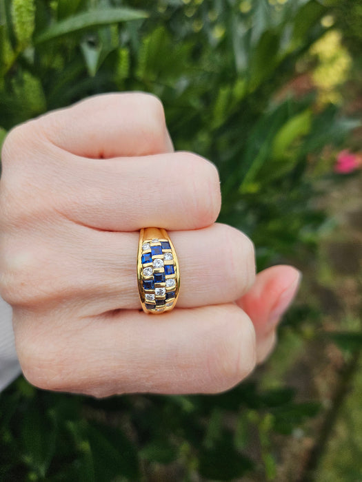 6510 Vintage: 18ct Yellow Gold Blue Sapphire & Diamond Chequerboard Half Hoop Ring