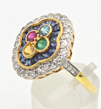 Load image into Gallery viewer, Vintage: 18ct Gold Art Deco Style  Harlequin Multi-Gem Diamonds Cluster Ring- Rainbow beauty
