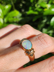 2008: Vintage; 9ct Gold Large Cabochon White Opal Signet Ring- colourful statement