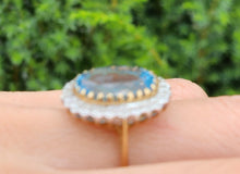 Load image into Gallery viewer, 1898: Vintage: 9ct Gold Swiss Blue Topaz 24 Diamonds Lady Diana Style Cluster Ring
