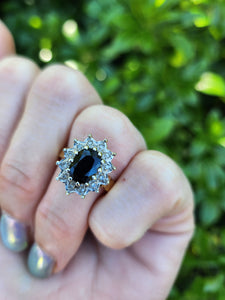 7705: Vintage: (1973) 18ct Gold Australian Blue Sapphire 12 Diamonds Diana Cluster- 51 years old, fine example