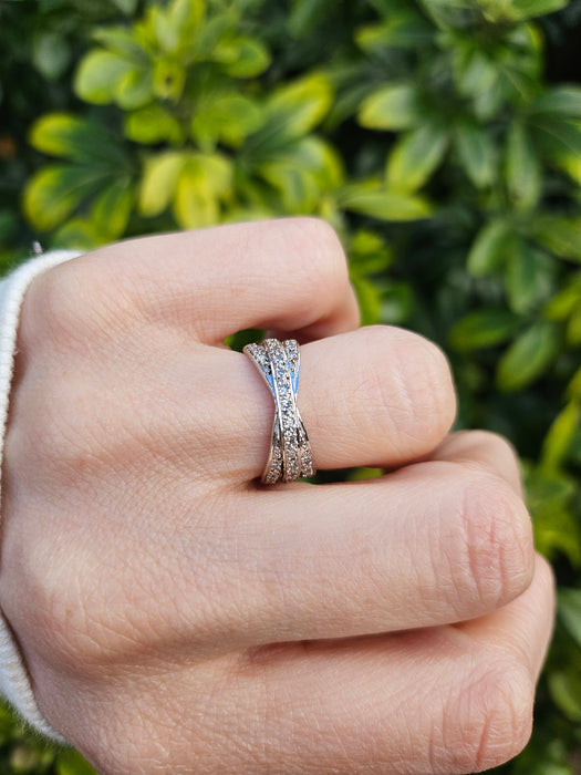 1114: Vintage: 9ct White Gold Diamonds Crossover Dress Ring- crisp & sparkling