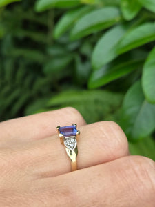 8232: Vintage; 9ct Gold Emerald cut Tanzanite Diamonds Dress; Ring- lovely cut and colour