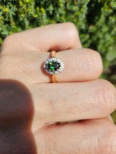 Load image into Gallery viewer, 1509: Vintage: 18ct Gold Green Garnet Diamonds Halo Cluster Ring- From 1972
