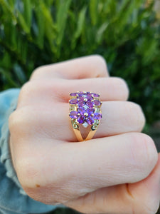 0304: Vintage: Sensational 14ct Gold Amethysts, Peridots, Diamond's Cluster Cocktail Ring-