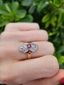 0652: Vintage: 9ct Gold Art Deco Style Rubies Diamonds Panel Ring- geometric beauty