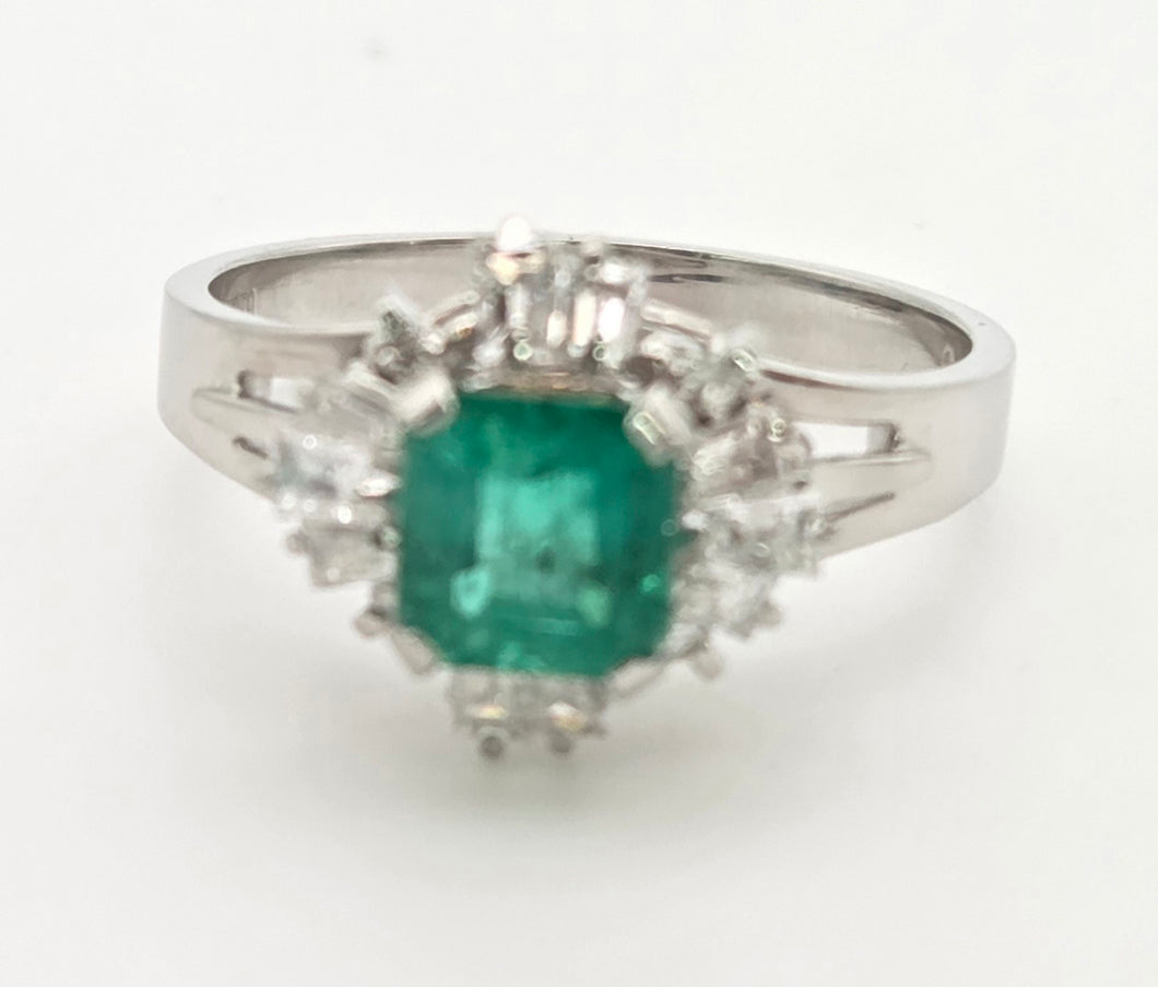 Vintage: Platinum Emerald Cut Emerald Diamonds Cocktail Cluster Ring