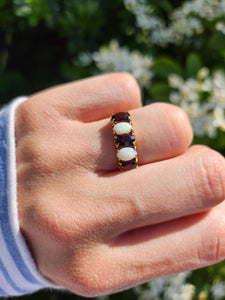 1564: Vintage: 9ct Gold White Opals Red Garnets Dress/Stacker Ring- 1970's Vintage