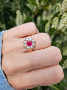 1447: Antique: 15ct Gold Ruby Pearls Flower Head Ring- Over 100 years old