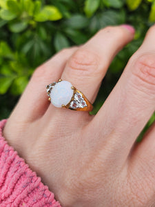 1334: Vintage (1960's) 9ct Gold Cabochon White Opal Topaz Dress Ring- lovely combination