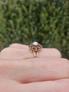 1169: Vintage: 9ct Gold 8 Rich Red Garnets Pearl Flower Head Ring- From 1965