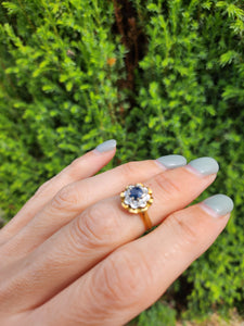1707: Vintage: 18ct Gold French Blue Sapphire Diamonds Flowerhead Ring- Exquisite design.