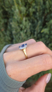 Antique: 18ct Gold Art Deco Cornflower Blue Sapphires Diamonds Geometric Set Ring