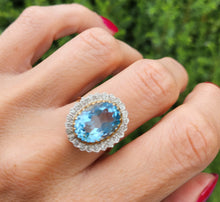 Load image into Gallery viewer, 1898: Vintage: 9ct Gold Swiss Blue Topaz 24 Diamonds Lady Diana Style Cluster Ring
