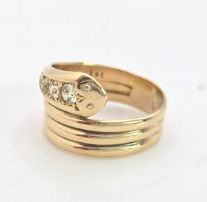 1868: Vintage: Statement 18ct Gold Natural Diamonds (0.63ct) Snake Ring- Large finger size