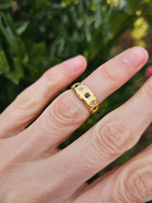 6511 Antique: Victorian 18ct Yellow Gold Sapphire & Rose Cut Diamond Five-Stone Half Hoop Ring