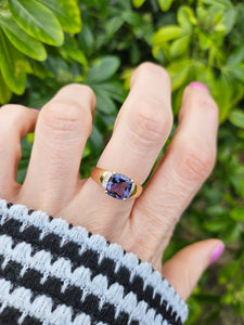 0898: Vintage: Rare: 9ct Gold Cushion Cut Purple Tourmaline Diamonds Cocktail Ring- lovely