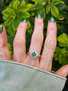 0729: Vintage: 9ct Gold Emeralds Diamonds Geometric Set Ring- lovely symmetry