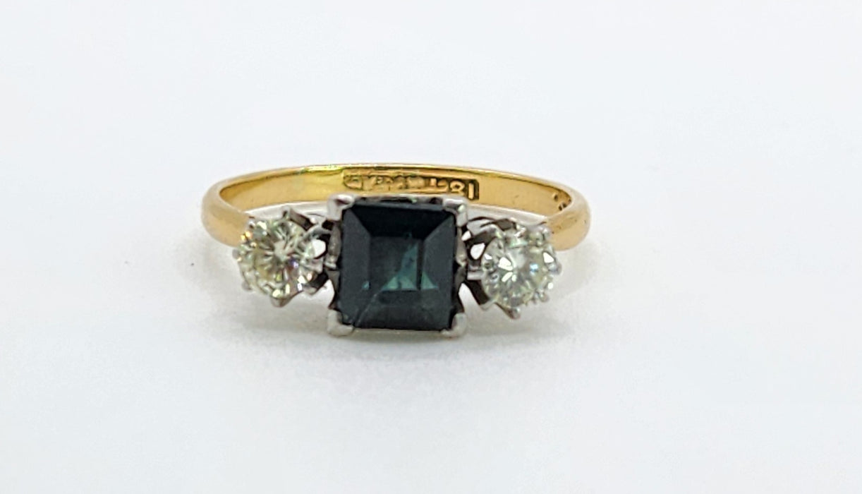 1598 Vintage: 18ct Yellow Gold & Platinum Sapphire & Diamond Three Stone Ring