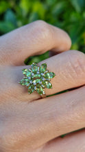 Cargar imagen en el visor de la galería, 2298 Vintage: 9ct Gold Peridots Natural Diamonds Floral Cluster Ring
