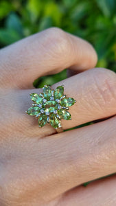 2298 Vintage: 9ct Gold Peridots Natural Diamonds Floral Cluster Ring