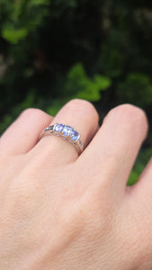 2457: Vintage: 9ct White Gold Violet Blue Tanzanites Natural Diamonds Dress/Stacker Ring