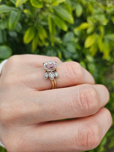 1022: Vintage:: 9ct Gold Pink Morganite Diamonds Cocktail Ring- FAB