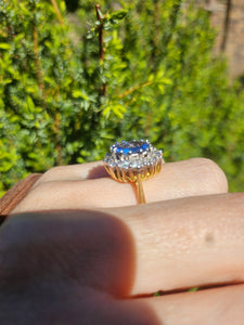 9094 : Vintage: Exceptional 18ct Gold Ceylon Blue Sapphire Diamonds Diana Cluster Ring- From 1982