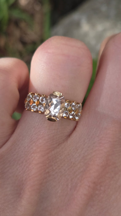 3199 Vintage: 9ct Yellow Gold Morganite & White Sapphire Cluster Ring — From 1983