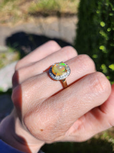 1743: Vintage: 9ct Gold Fire Opal White Sapphires Cluster Ring- fantastic colours