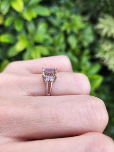 0351: Vintage: 14ct White Gold Emerald Cut Pink Morganite Diamonds Cocktail Ring