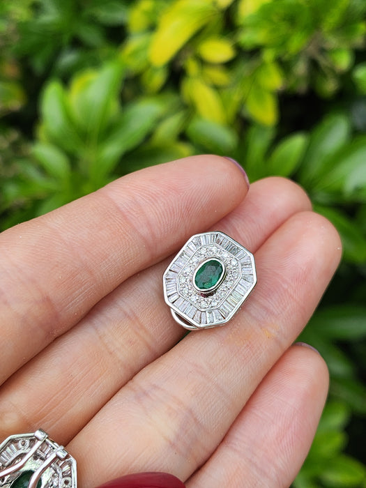 6097: Vintage: 18ct White Gold Art Deco Style Emeralds Diamonds Earrings- Thrilling