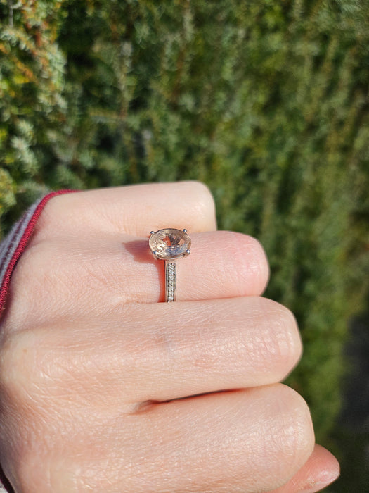 1353: Vintage; Platinum Pink Morganite 20 Diamonds Ring- pitch perfect pink, platinum