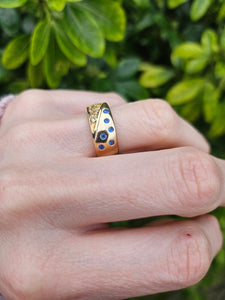 1308: Vintage: Statement 9ct Gold Yellow Sapphires Blue Sapphires Ring- reassuring weight