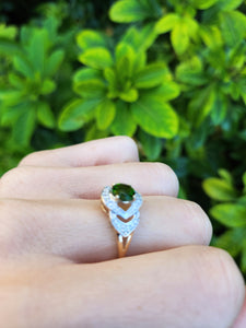 A8344: Vintage: Eye catching 9ct Gold Green Diopside 12 diamonds Halo Dress ring