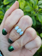 Load image into Gallery viewer, 0743: Vintage: 9ct Gold White Opals Trilogy Ring- Date-Mark 1988- vibrant colours
