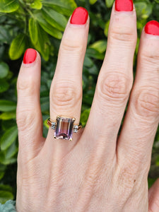 1329: Vintage: 9ct Gold Emerald Cut Ametrine Diamonds Cocktail Ring