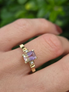 2178: Vintage; 9ct Gold Emerald Cut Ametrine Diamonds Dress Ring- a rare find