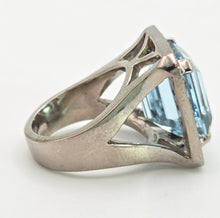 Load image into Gallery viewer, VINTAGE; 14ct White Gold Large Emerald Cut Aquamarine (13.9ct) , Blue Diamonds Statement Cocktail Ring
