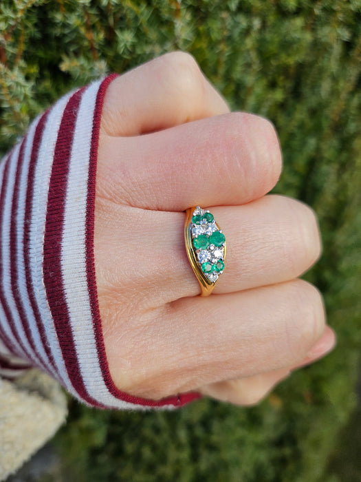 6020 Vintage; 18ct Gold Emeralds Diamonds  Boat  Ring