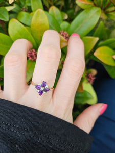 0736: Vintage; 9ct Gold Rich Purple Amethyst Diamonds Geometric Set Cocktail Ring- sparkling symmetry