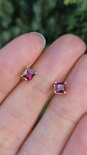 Load image into Gallery viewer, Vintage: Petite 9ct Gold Princess Cut Almandine Garnet Stud Earrings
