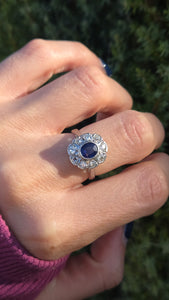1865 Vintage: 18ct White Gold Ceylon Blue Sapphire Diamonds Cluster Ring