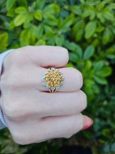 0774:Vintage: Sensational 9ct Gold 19  Citrines 36 Diamonds Floral Cluster Ring